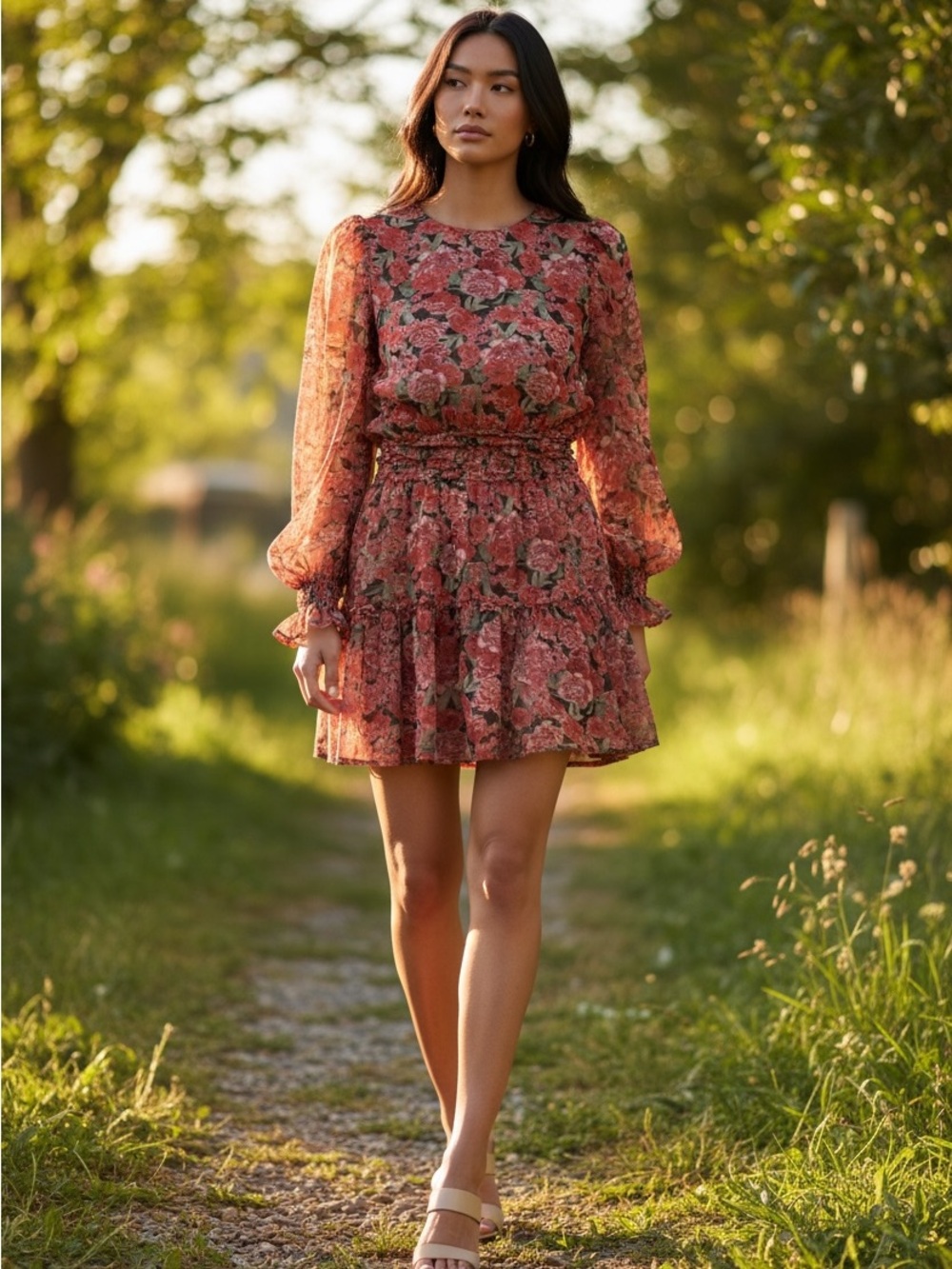 Vero Moda Floral Long-Sleeve Tiered Mini Dress - Pink Green size small